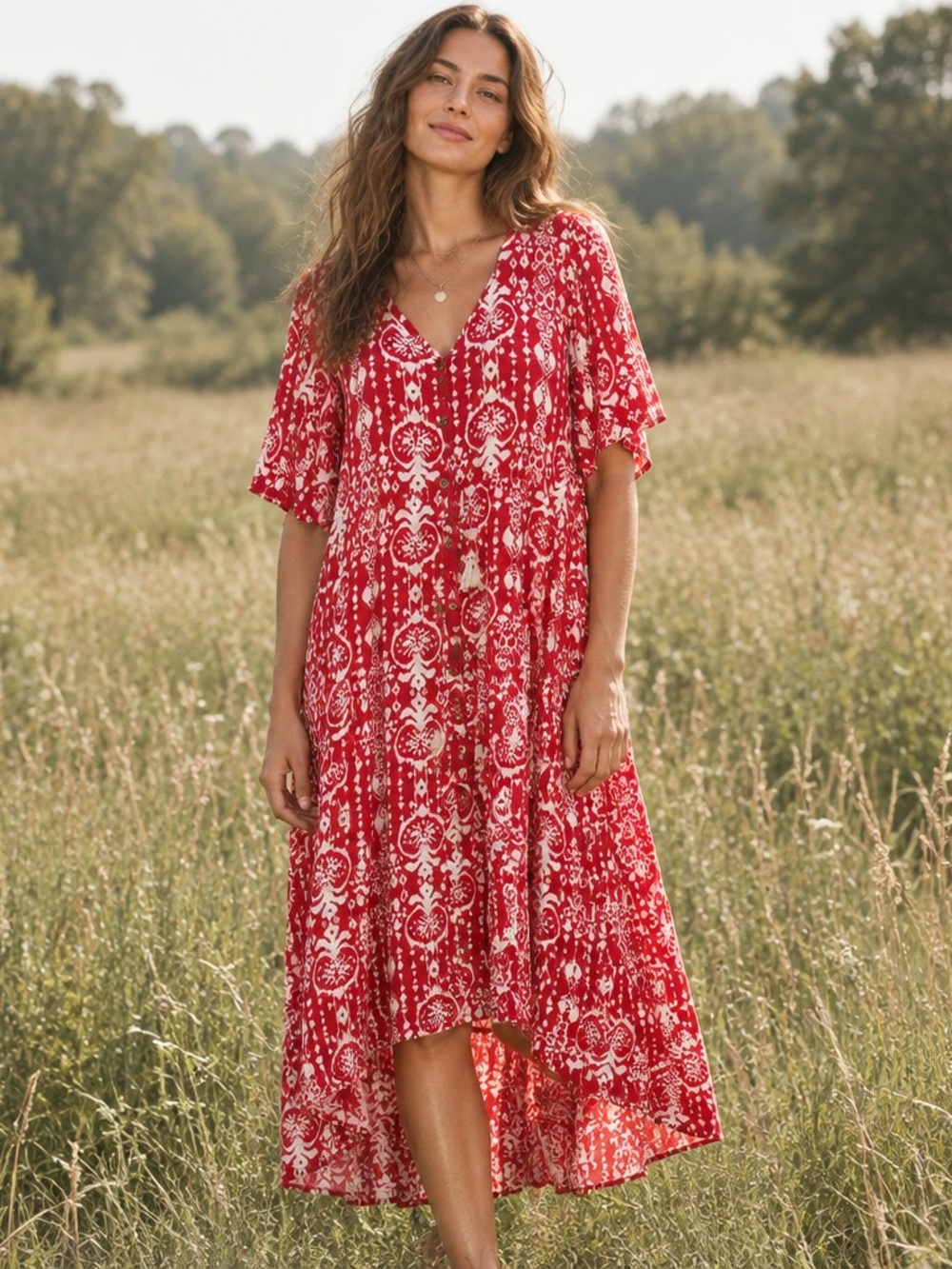 Knox Rose Women’s XL Red White Ikat Print Maxi Dress Boho Flutter Sleeve Rayon